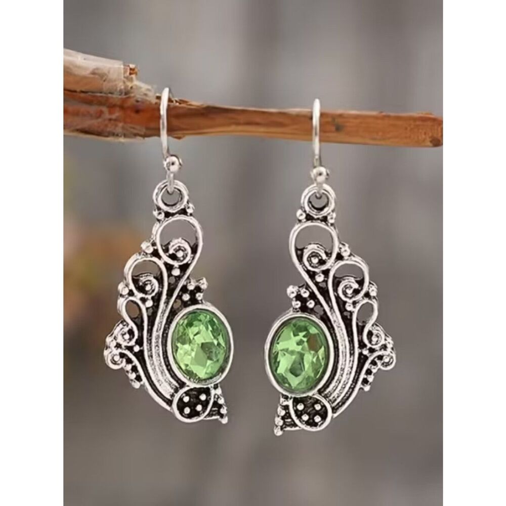 NWT Silver Plated Faux Peridot Green Filigree Boho Dangle Hook Earrings